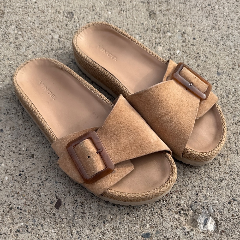 Vince Tan Suede Espadrille Slide Sandals with Buckle Accent